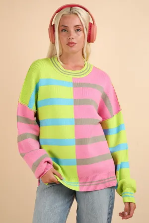 Color Block Oversized Striped Knit Sweater Top