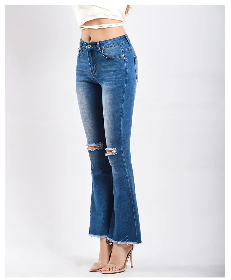 Cowboy Flared Trousers Holes Burrs Jeans