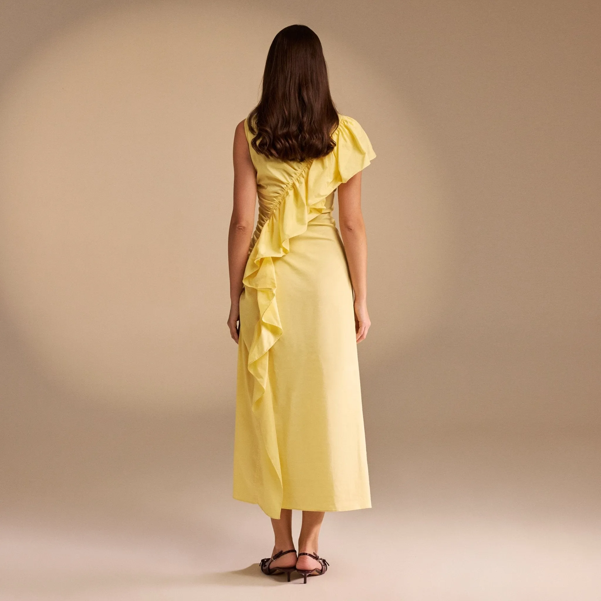 Draped Ruffle Poplin Midi Dress