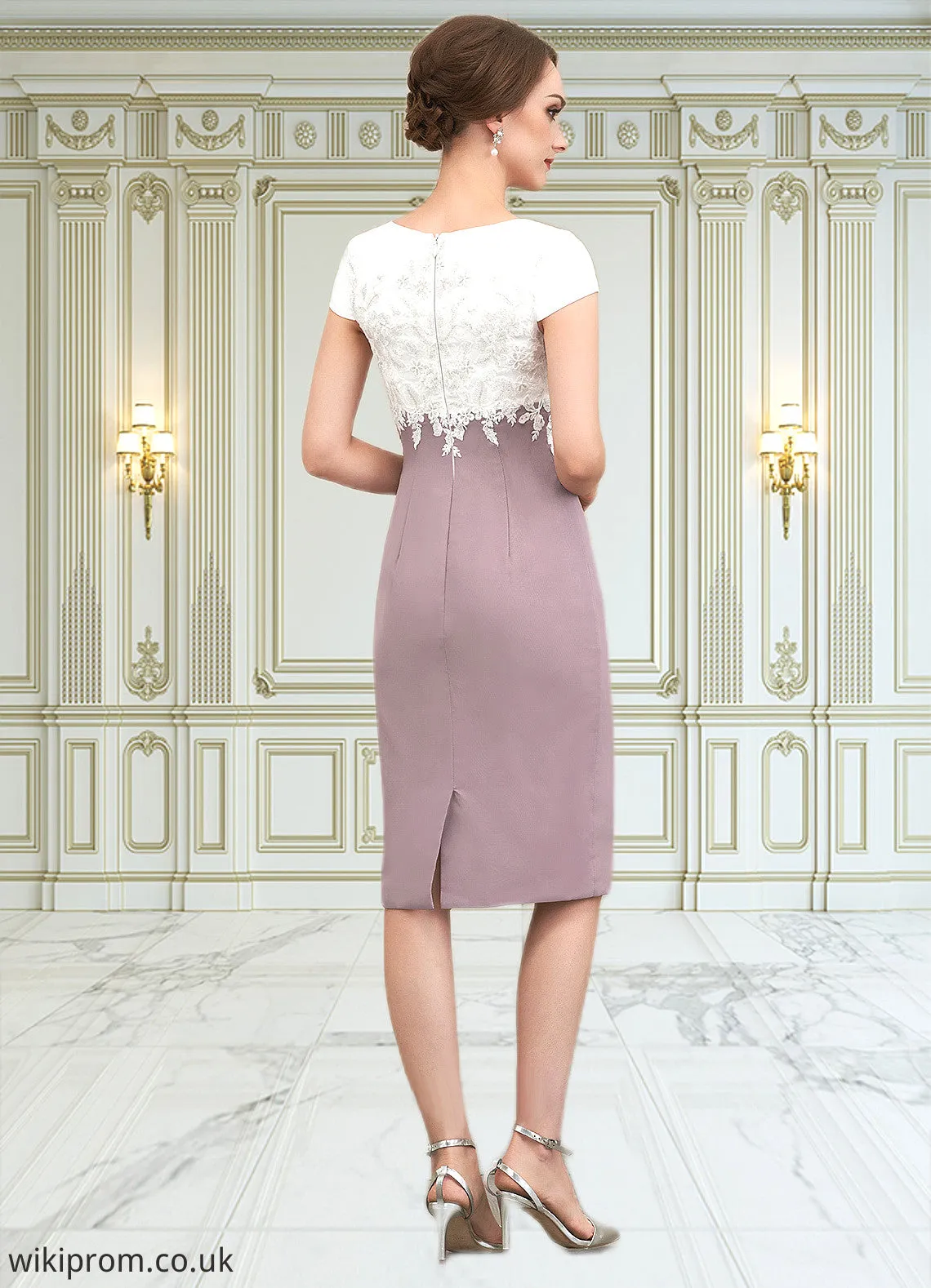 Ella Sheath/Column Scoop Neck Knee-Length Chiffon Lace Mother of the Bride Dress SWK126P0014559