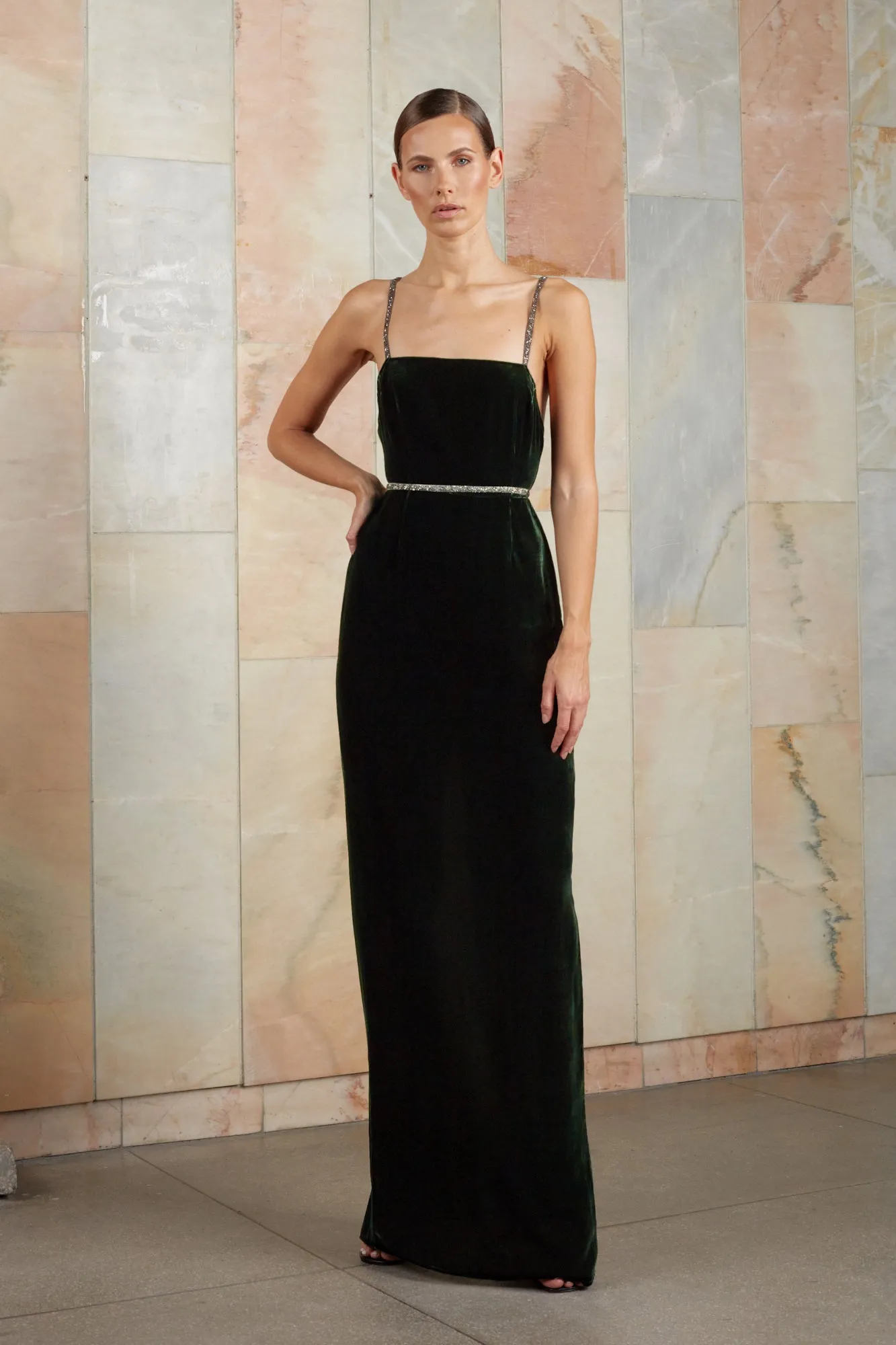 ENIGMA dark green maxi velvet dress