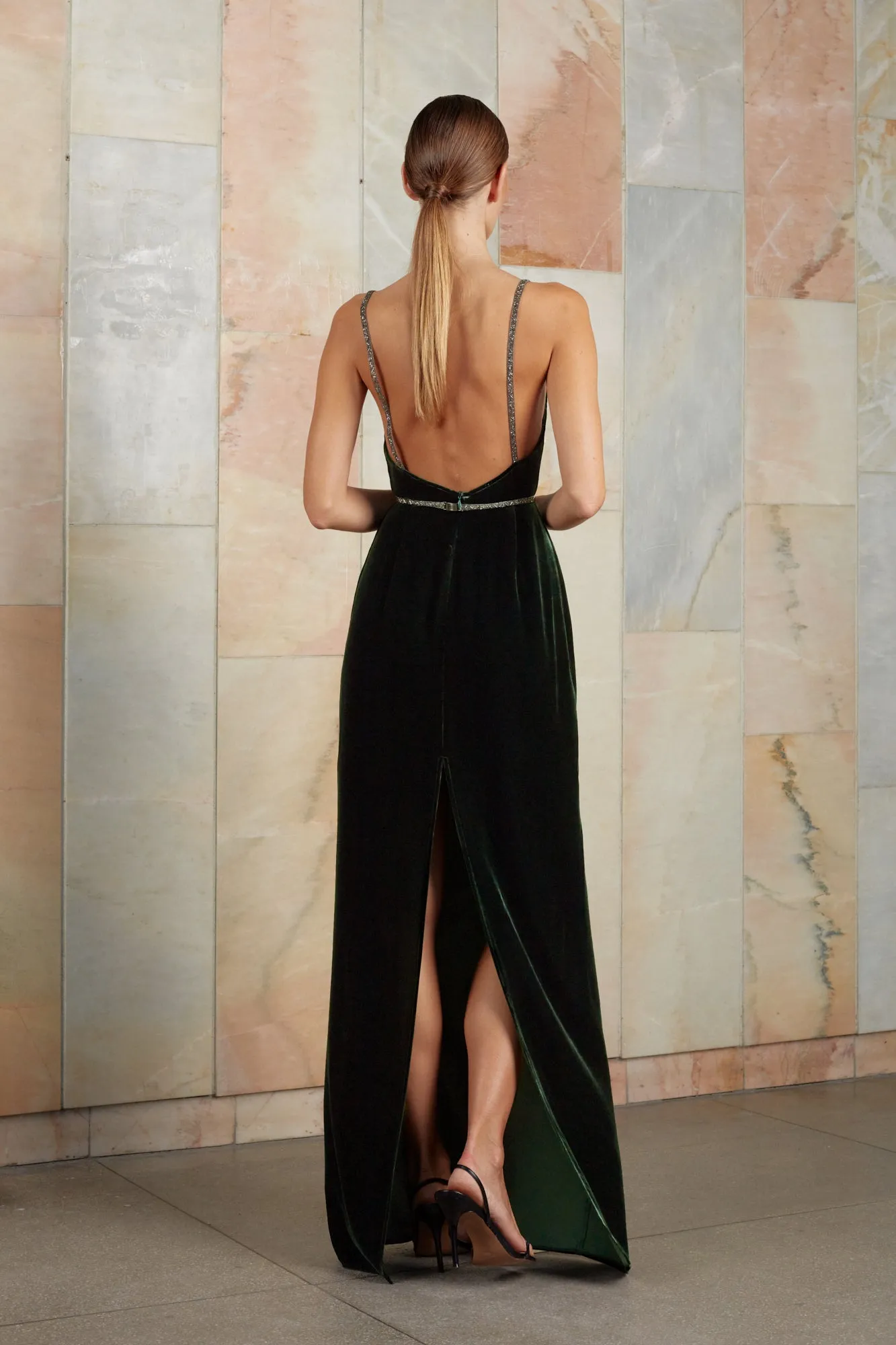 ENIGMA dark green maxi velvet dress