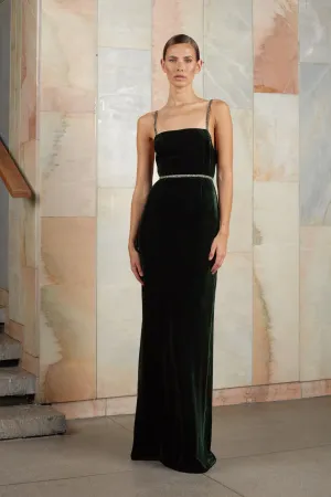 ENIGMA dark green maxi velvet dress