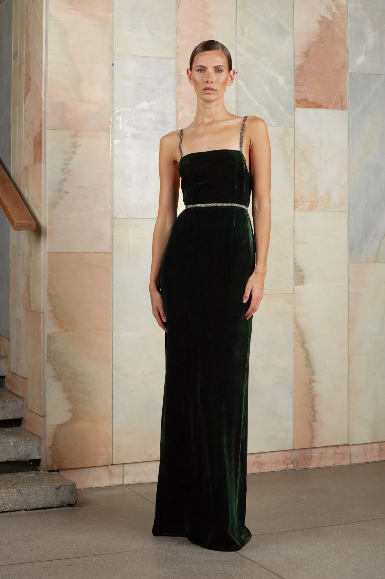 ENIGMA dark green maxi velvet dress