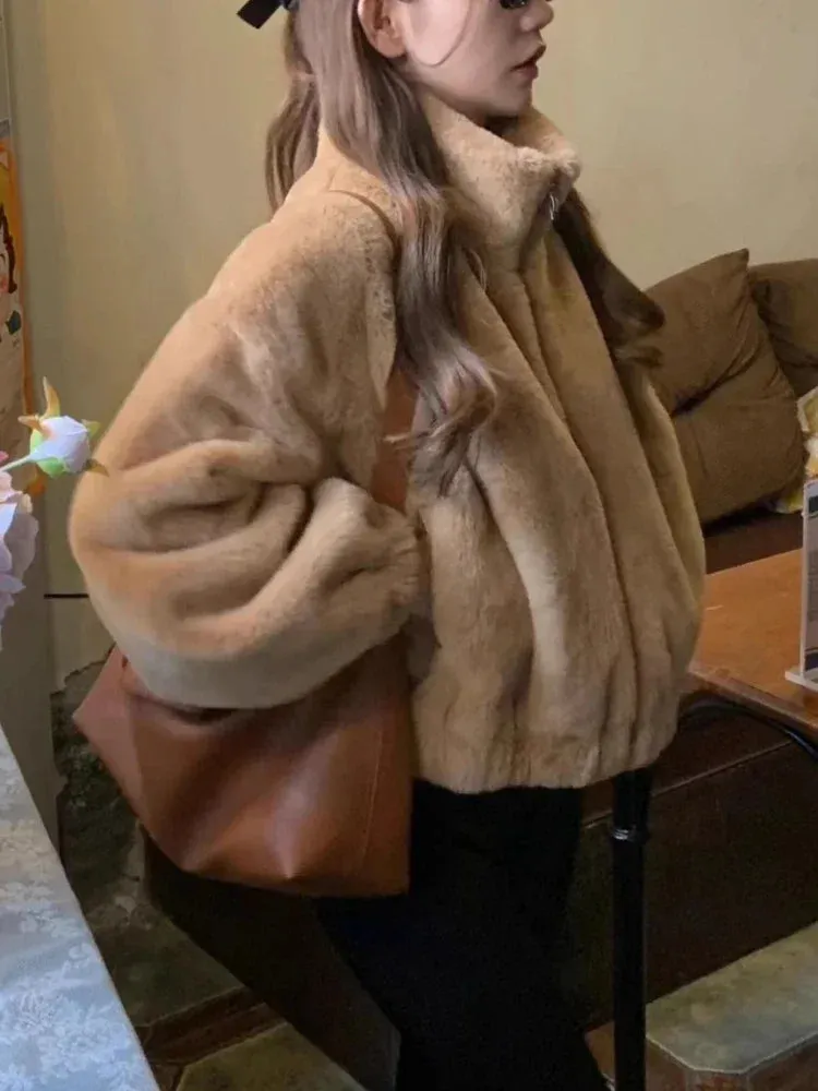 Faux Lamb Fur Coat with Zipper