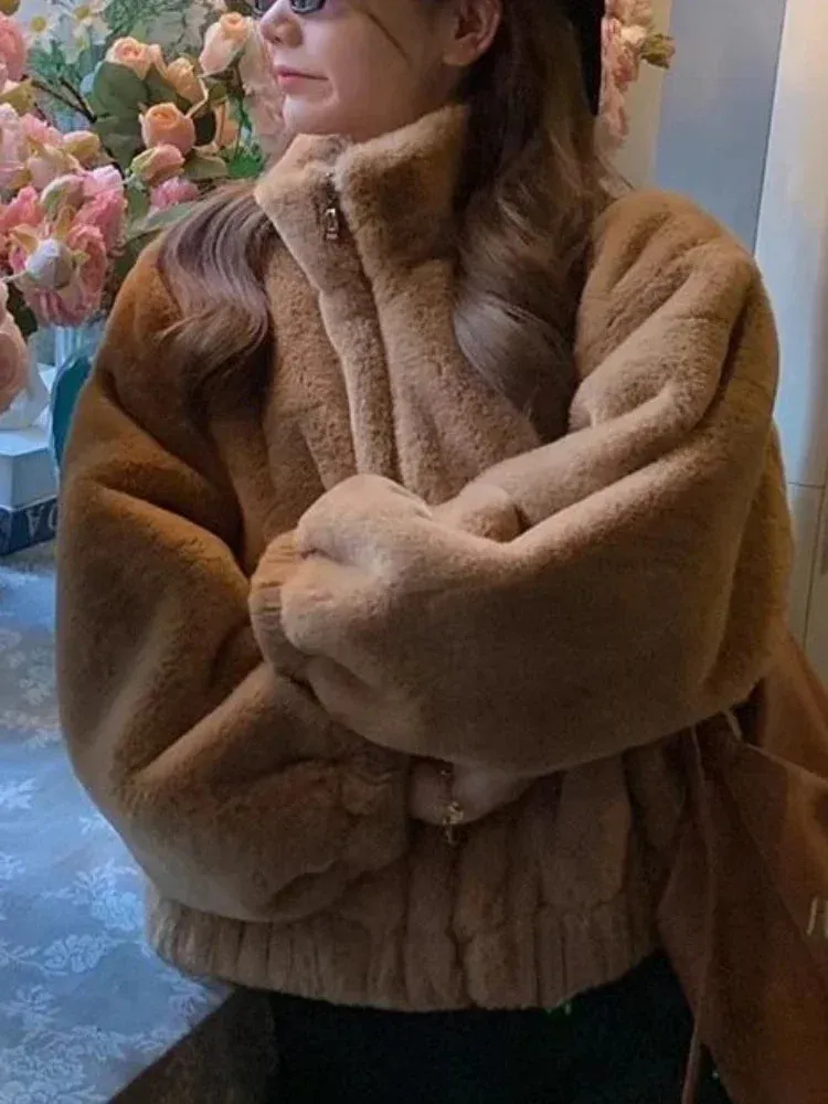 Faux Lamb Fur Coat with Zipper