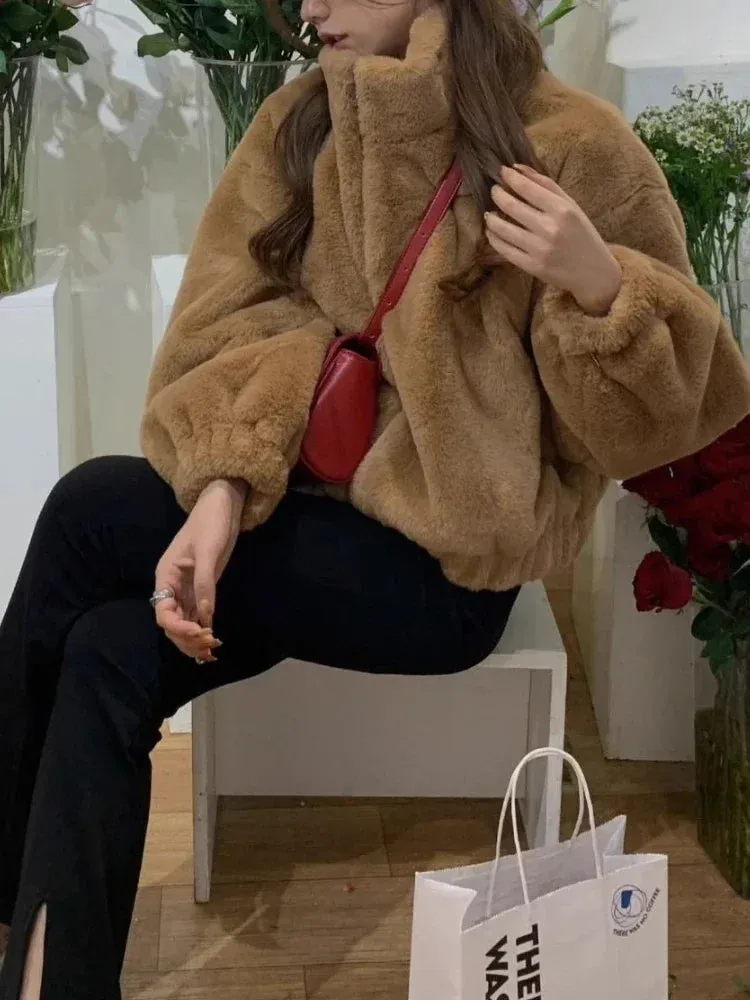 Faux Lamb Fur Coat with Zipper