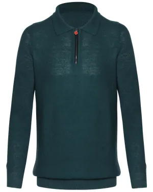 Forest Green Linen Blend Knit Quarter Zip Sweater