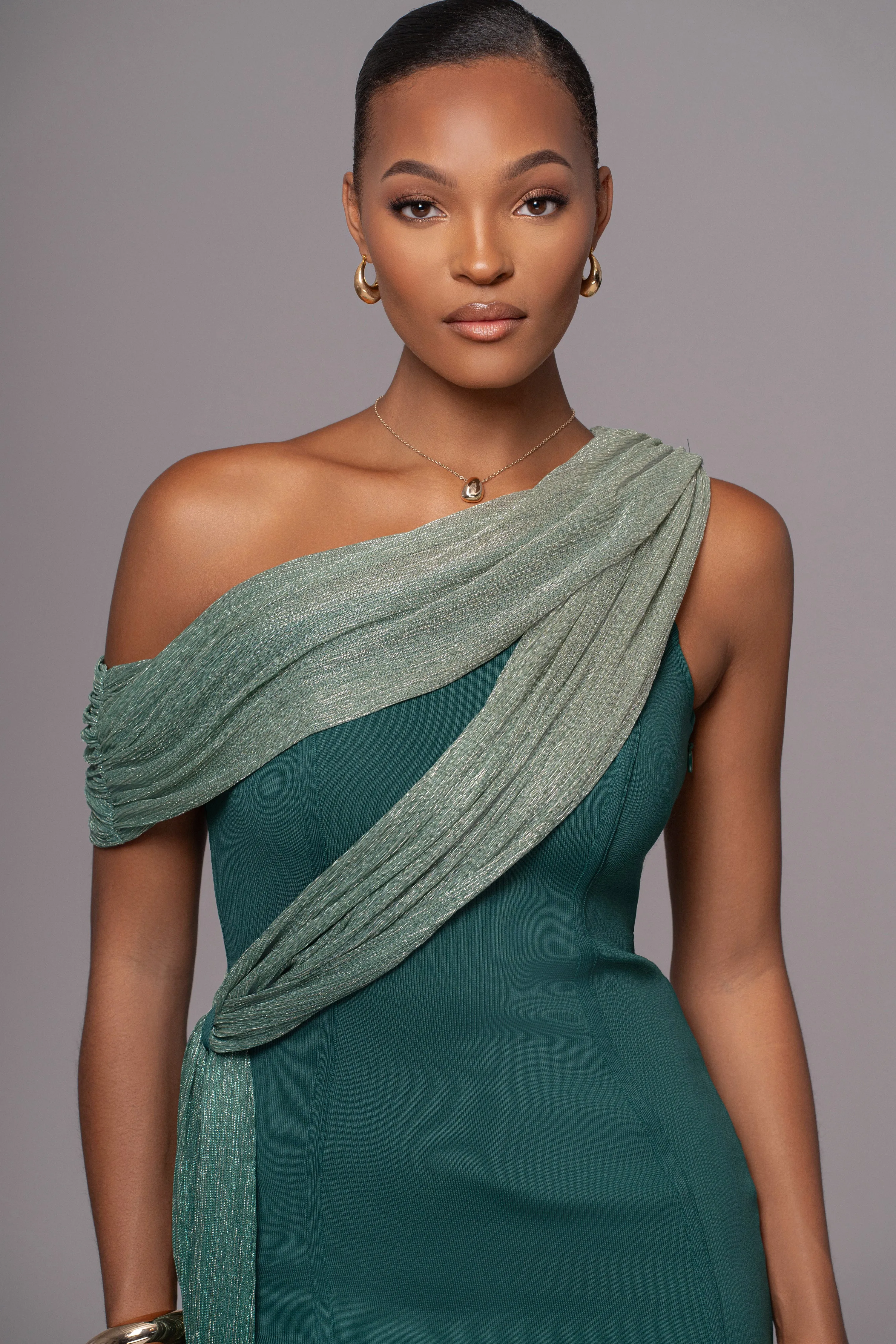Green Asymmetric Drape Mini Dress