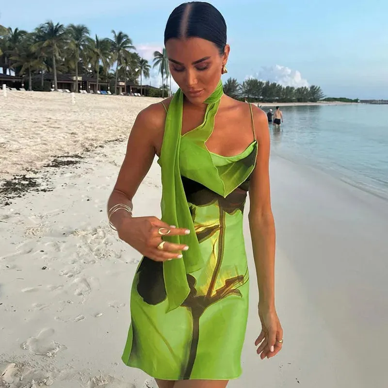 Green Mesh Printed Charming Draped Mini Dress