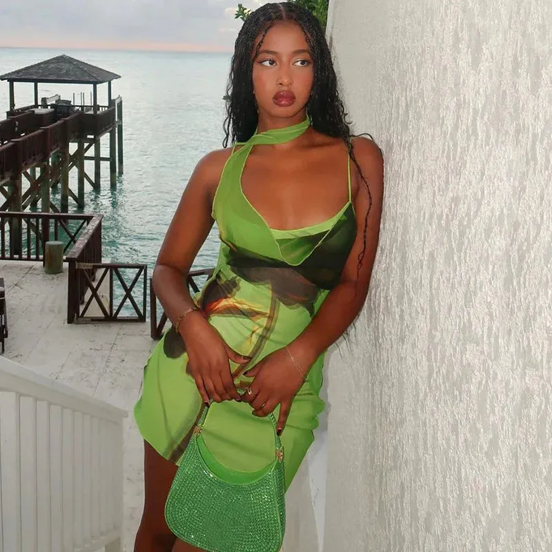 Green Mesh Printed Charming Draped Mini Dress