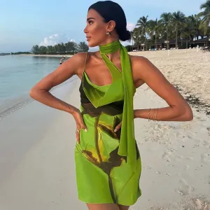 Green Mesh Printed Charming Draped Mini Dress