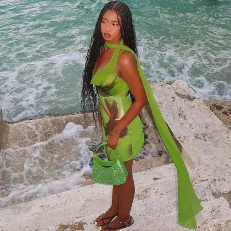 Green Mesh Printed Charming Draped Mini Dress