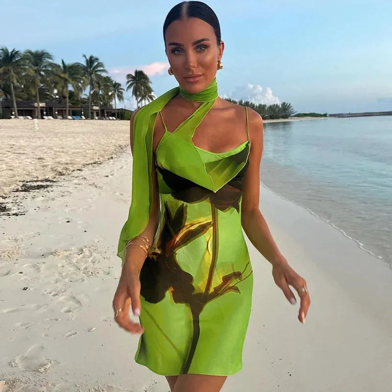 Green Mesh Printed Charming Draped Mini Dress
