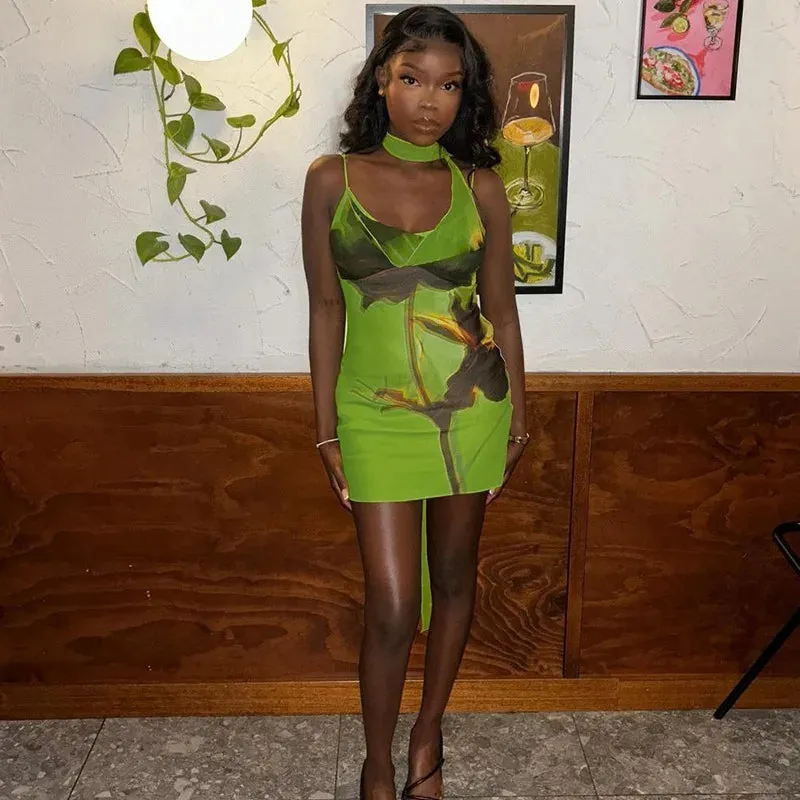 Green Mesh Printed Charming Draped Mini Dress