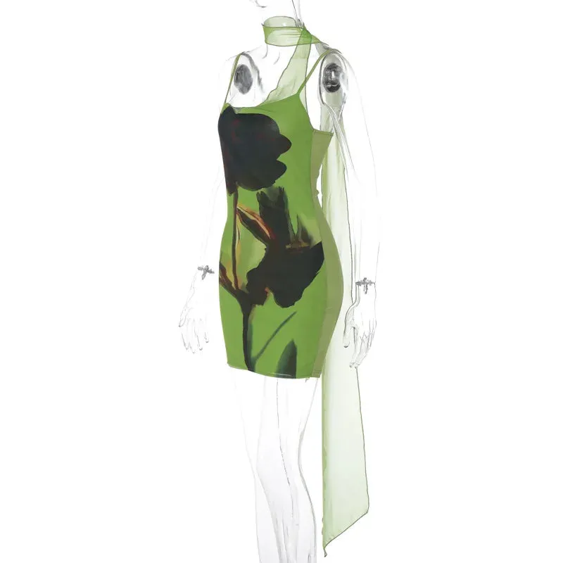 Green Mesh Printed Charming Draped Mini Dress