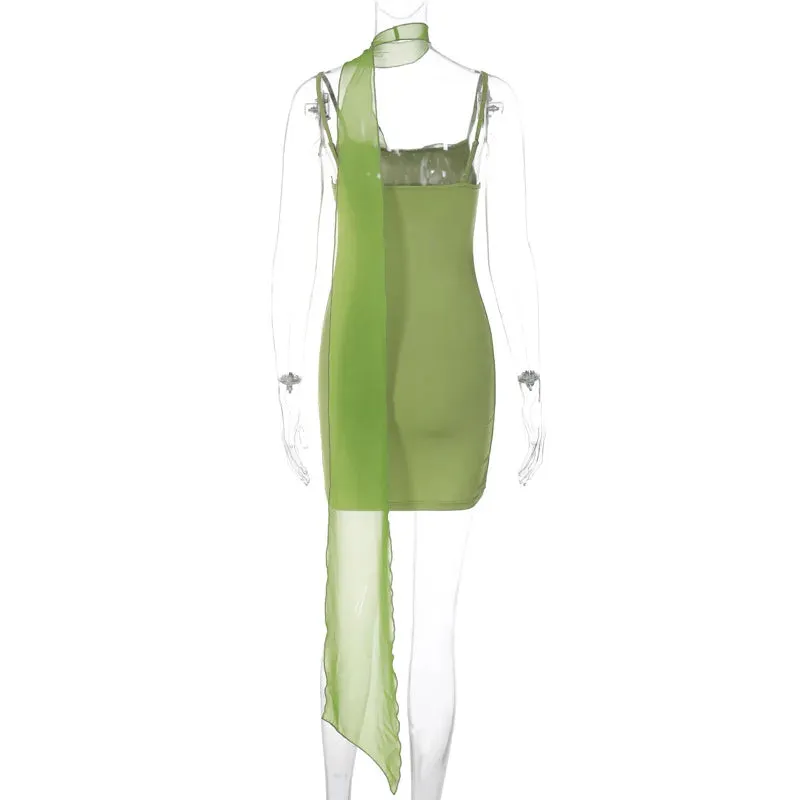 Green Mesh Printed Charming Draped Mini Dress