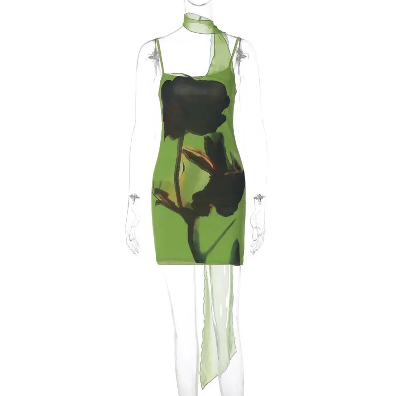 Green Mesh Printed Charming Draped Mini Dress