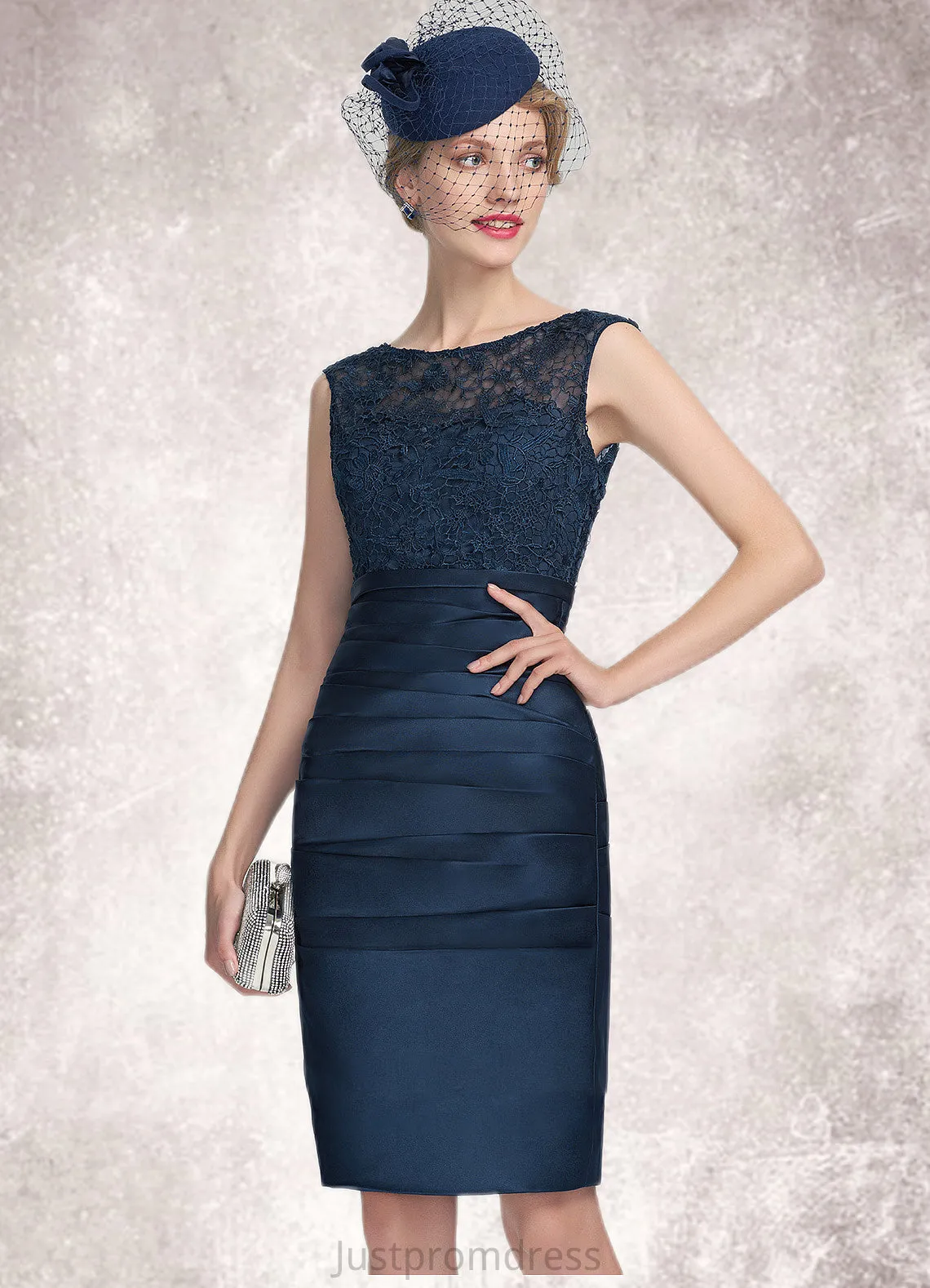 Jazmyn Sheath/Column Scoop Neck Knee-Length Satin Lace Mother of the Bride Dress With Ruffle HH126P0014693