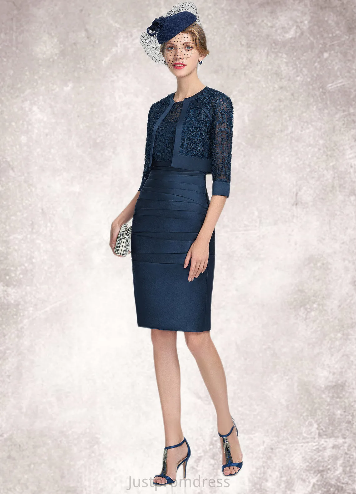 Jazmyn Sheath/Column Scoop Neck Knee-Length Satin Lace Mother of the Bride Dress With Ruffle HH126P0014693