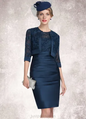 Jazmyn Sheath/Column Scoop Neck Knee-Length Satin Lace Mother of the Bride Dress With Ruffle HH126P0014693