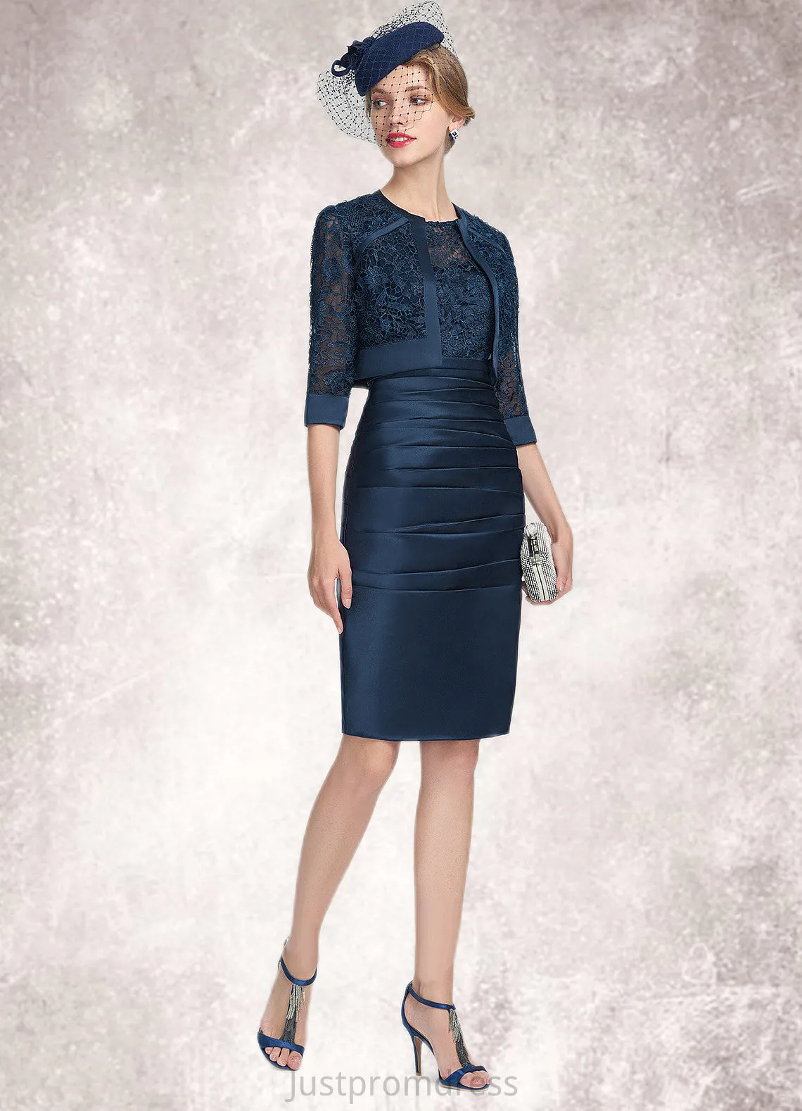 Jazmyn Sheath/Column Scoop Neck Knee-Length Satin Lace Mother of the Bride Dress With Ruffle HH126P0014693