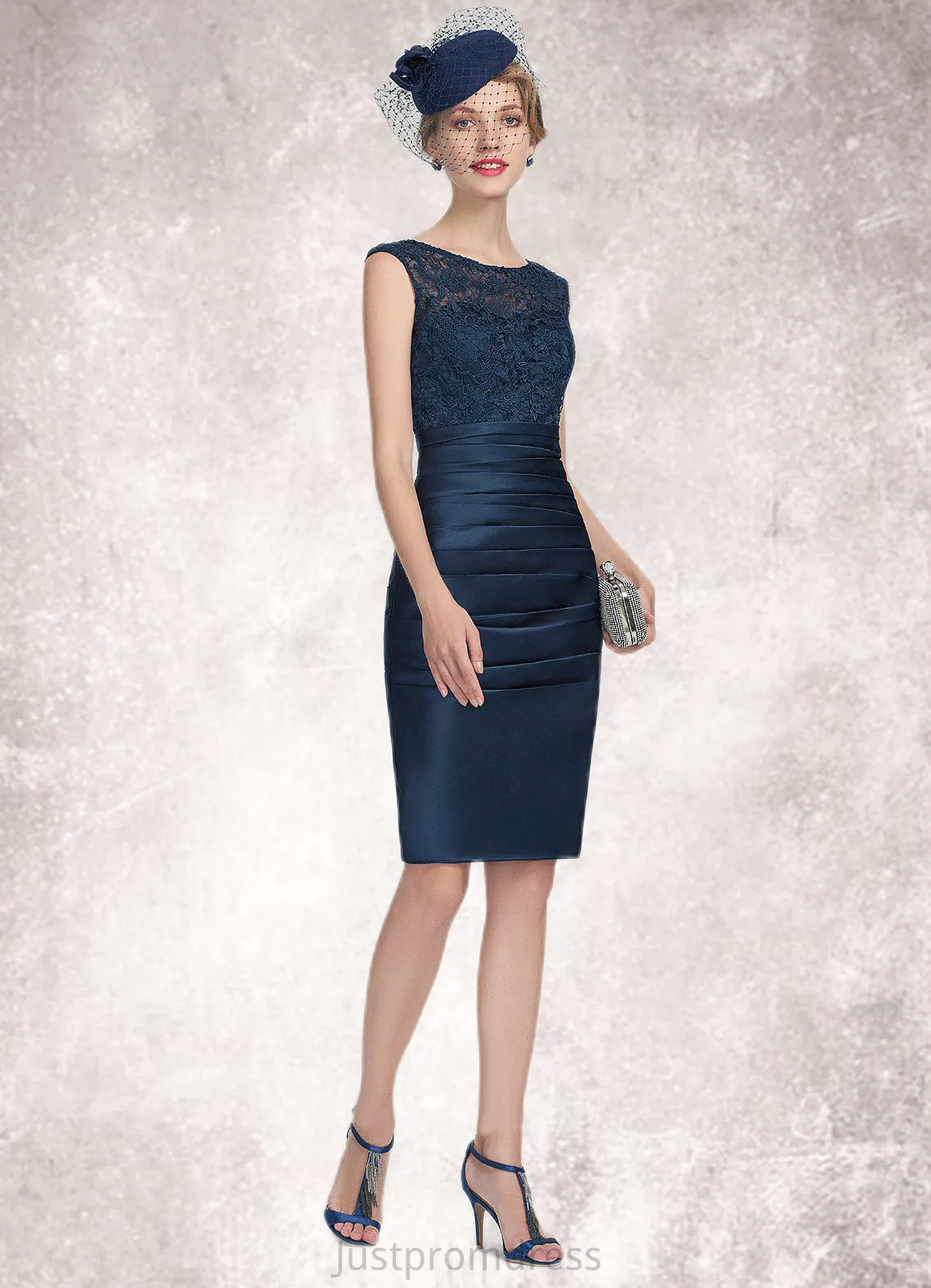 Jazmyn Sheath/Column Scoop Neck Knee-Length Satin Lace Mother of the Bride Dress With Ruffle HH126P0014693