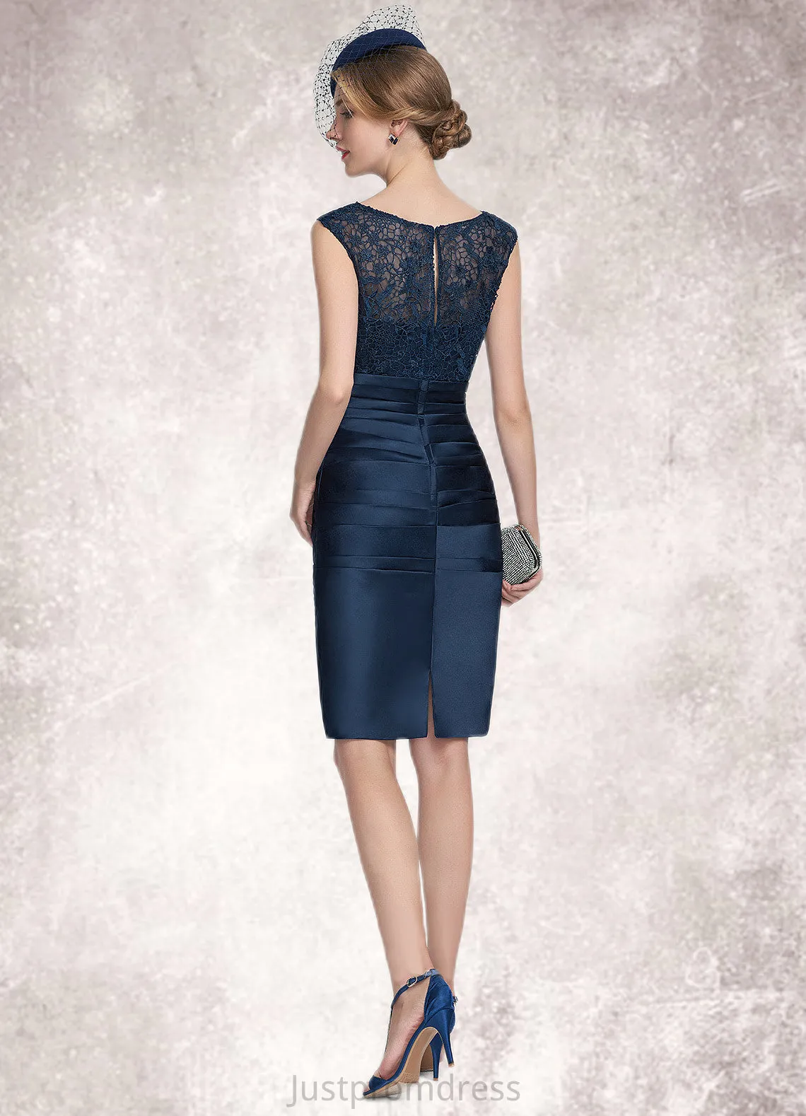 Jazmyn Sheath/Column Scoop Neck Knee-Length Satin Lace Mother of the Bride Dress With Ruffle HH126P0014693