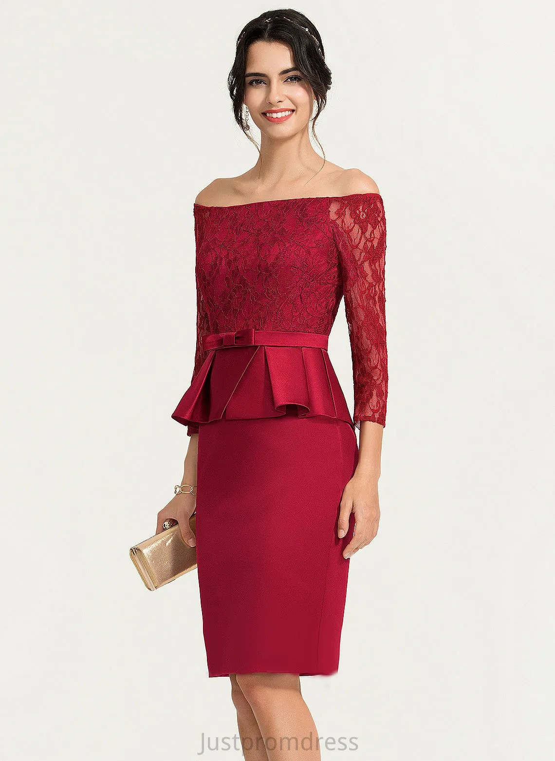 Knee-Length Dress Off-the-Shoulder Sheath/Column Satin Cocktail Mariela Cocktail Dresses Lace