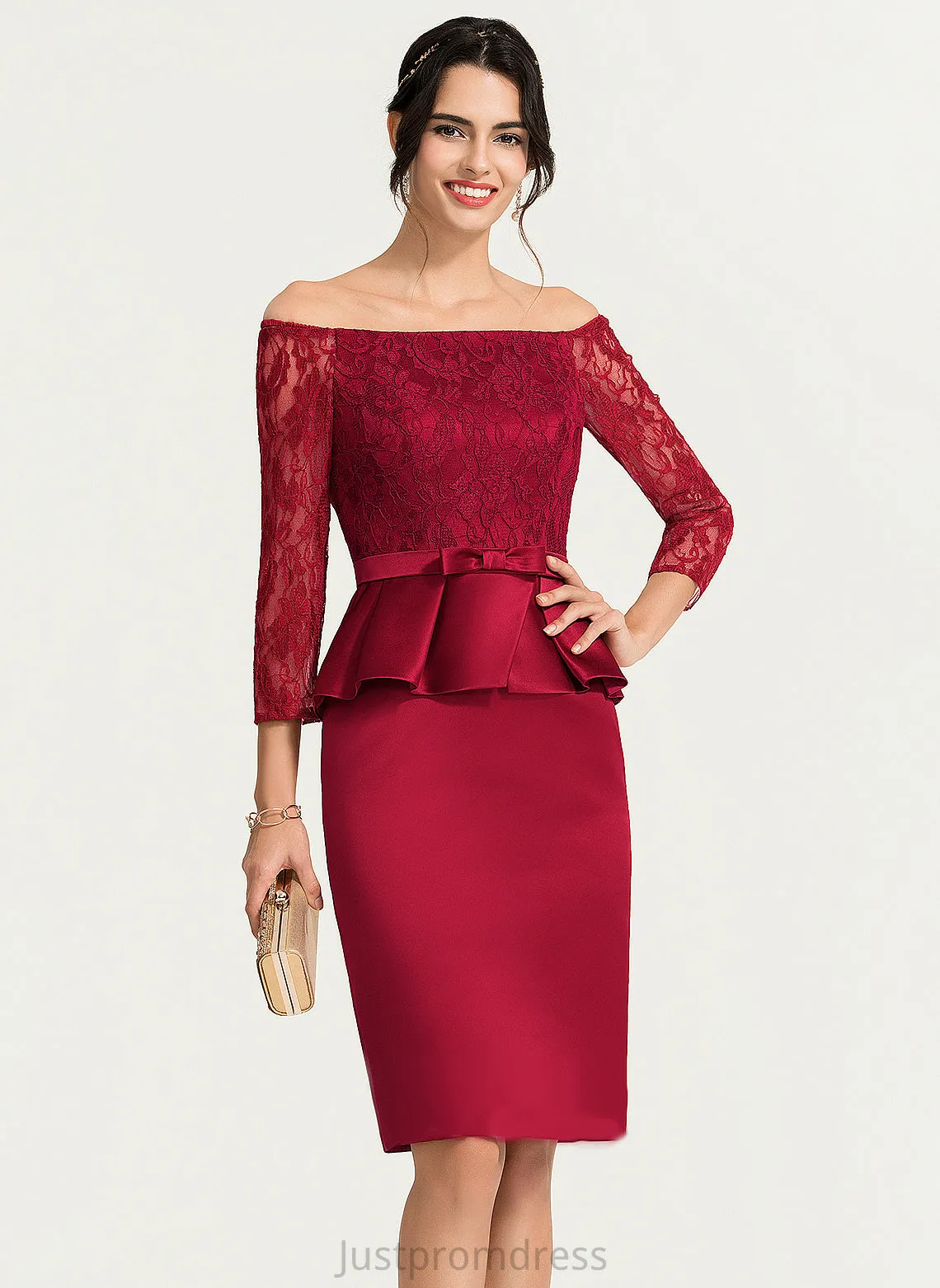 Knee-Length Dress Off-the-Shoulder Sheath/Column Satin Cocktail Mariela Cocktail Dresses Lace