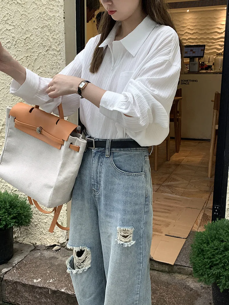 [Korean Style] High Rise Vintage Wash Wide Leg Ripped Jeans