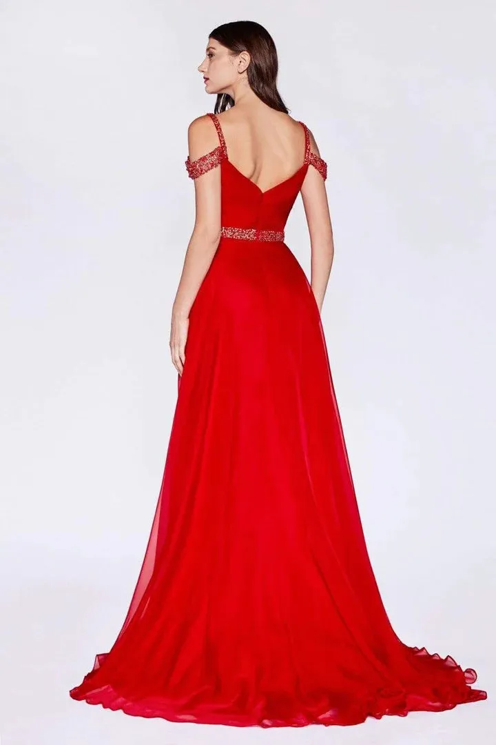 Ladivine P211 Size 4 Red Long A Line Chiffon off the shoulder Beaded Formal  Prom Dress Evening Gown V Nek