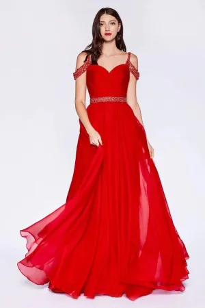 Ladivine P211 Size 4 Red Long A Line Chiffon off the shoulder Beaded Formal  Prom Dress Evening Gown V Nek