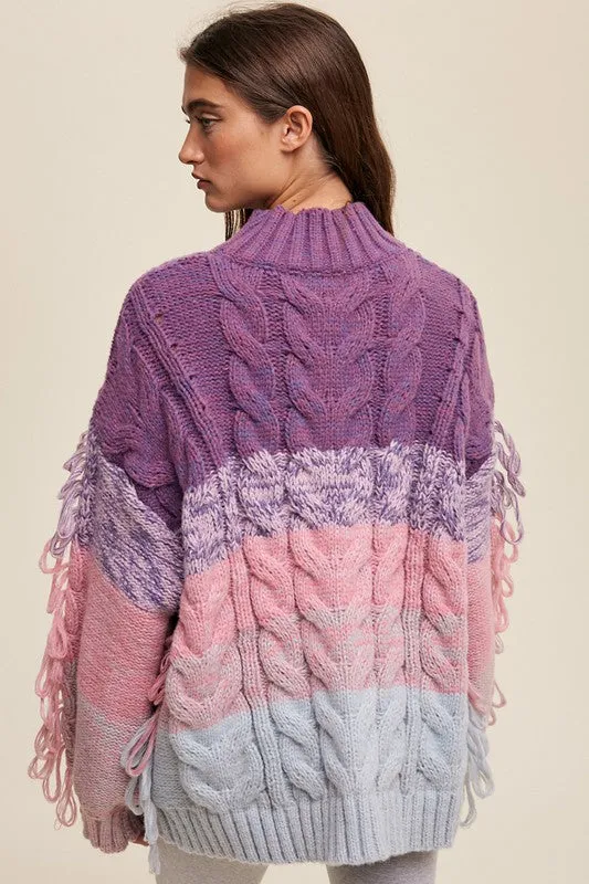 Lavender Multi Chunky Cable Knit Striped Fringe Detail Sweater