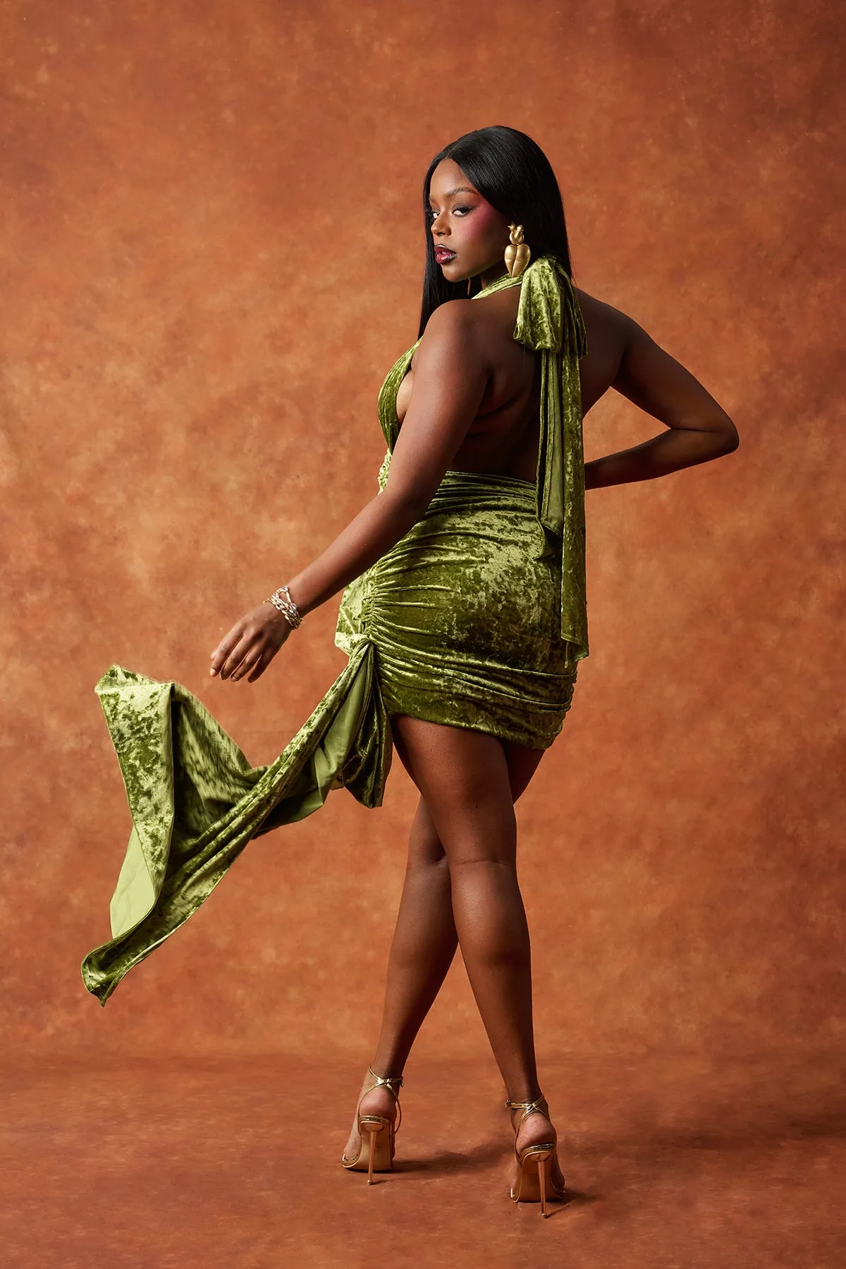 Leilani Velvet Ruched Draped Halter Mini Dress