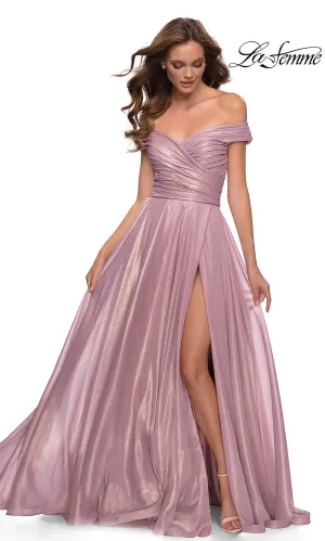 Long Pink Metallic A-Line La Femme Prom Dress