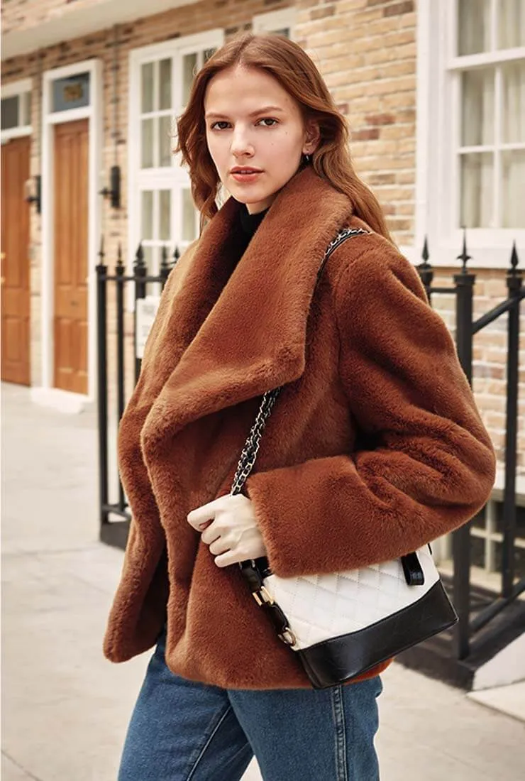 Luxury Winter Lapel Collar Faux Fur Coat