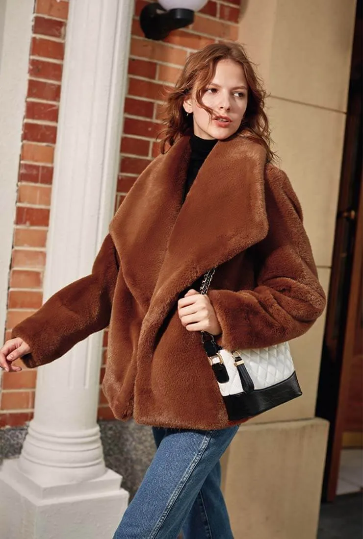 Luxury Winter Lapel Collar Faux Fur Coat