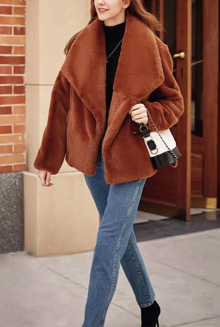 Luxury Winter Lapel Collar Faux Fur Coat