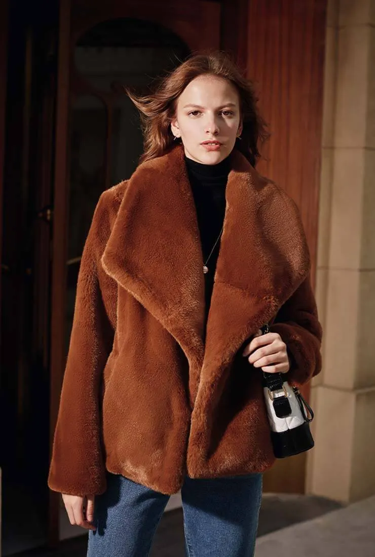 Luxury Winter Lapel Collar Faux Fur Coat