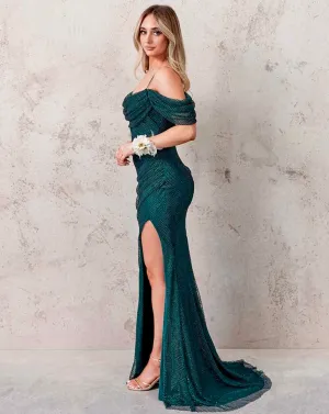 Marlow Off Shoulder Beaded Mesh Gown - Emerald