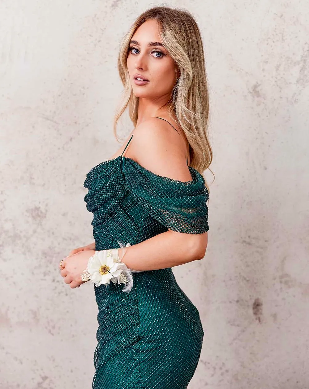 Marlow Off Shoulder Beaded Mesh Gown - Emerald
