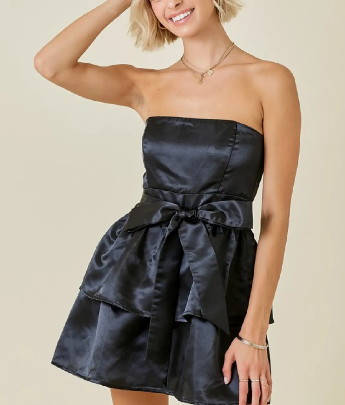 Maya Black Strapless Satin Mini Ruffle Dress
