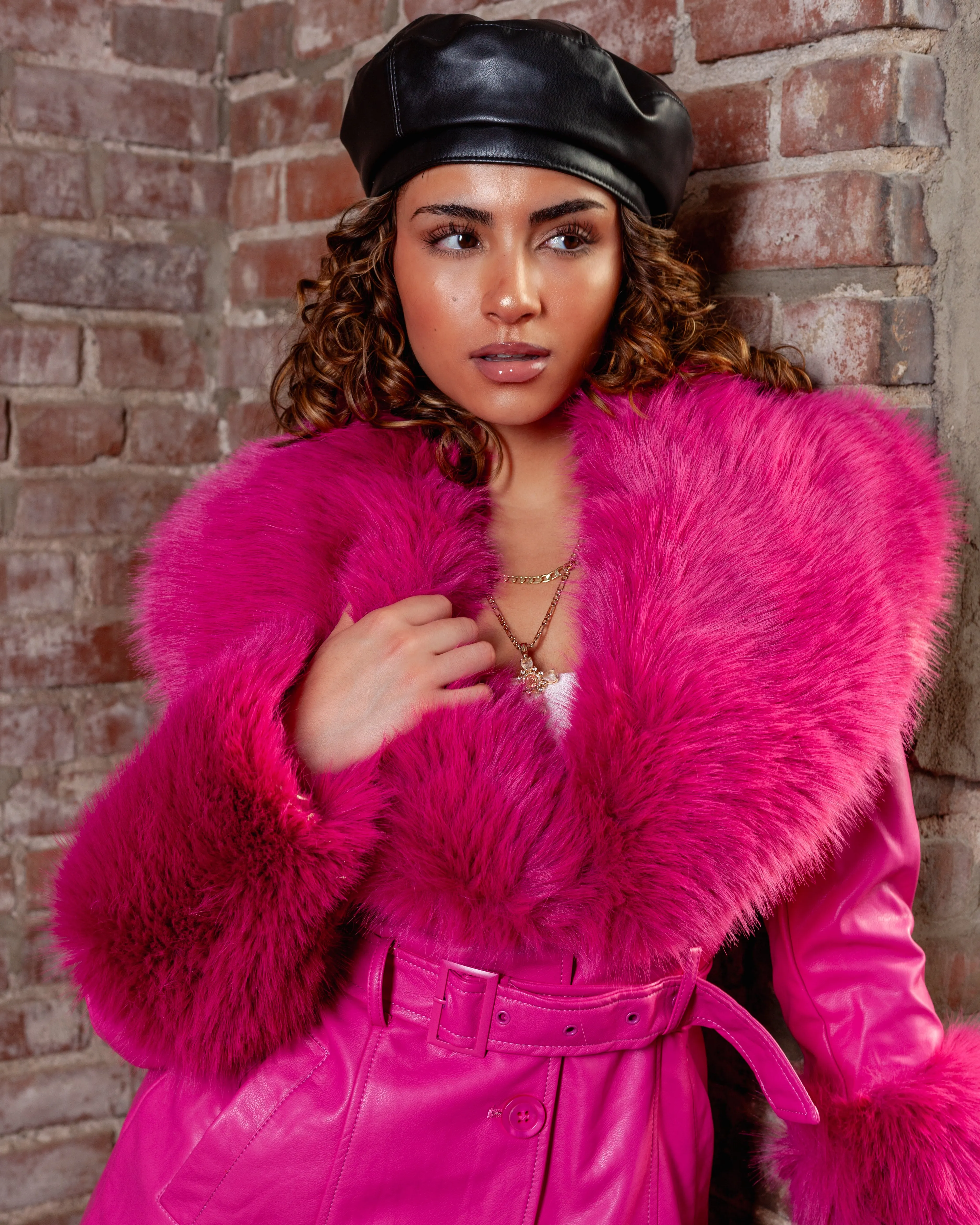 Munich Hot Pink Butter Vegan Leather Coar   Fur Collar