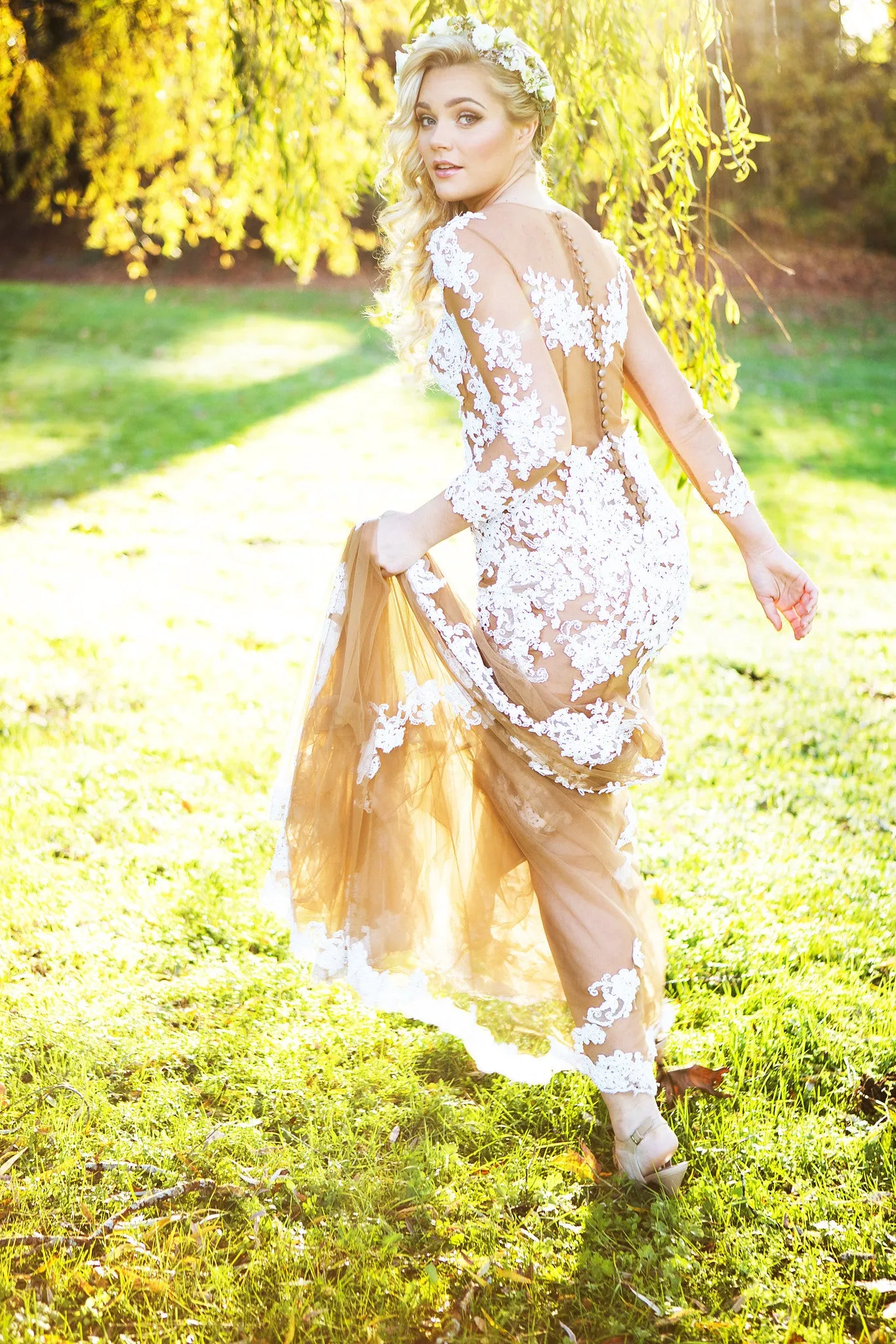 Nude Dress With White Lace Appliqué (#Lucy)