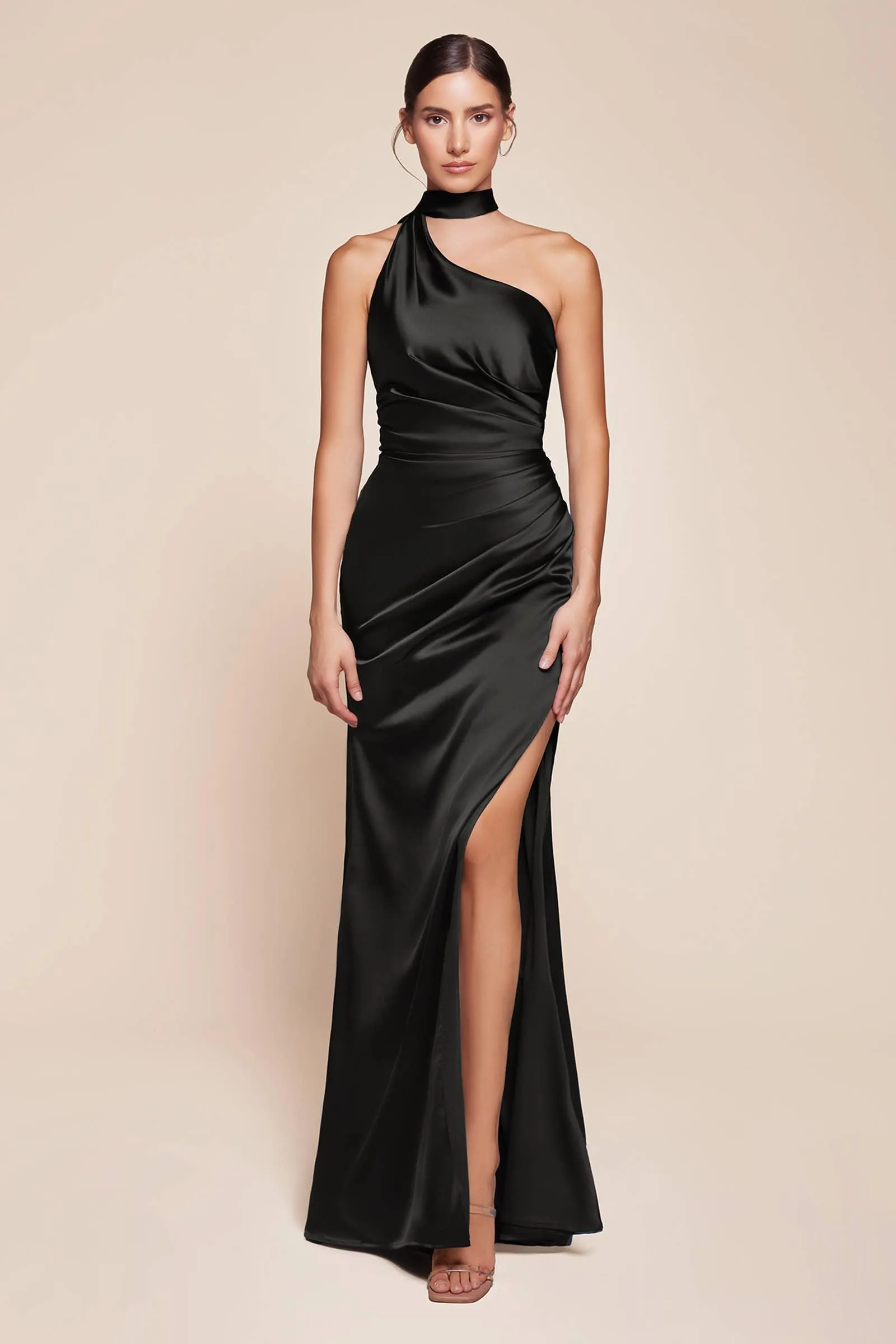 ONE SHOULDER LUXE SATIN FITTED GOWN
