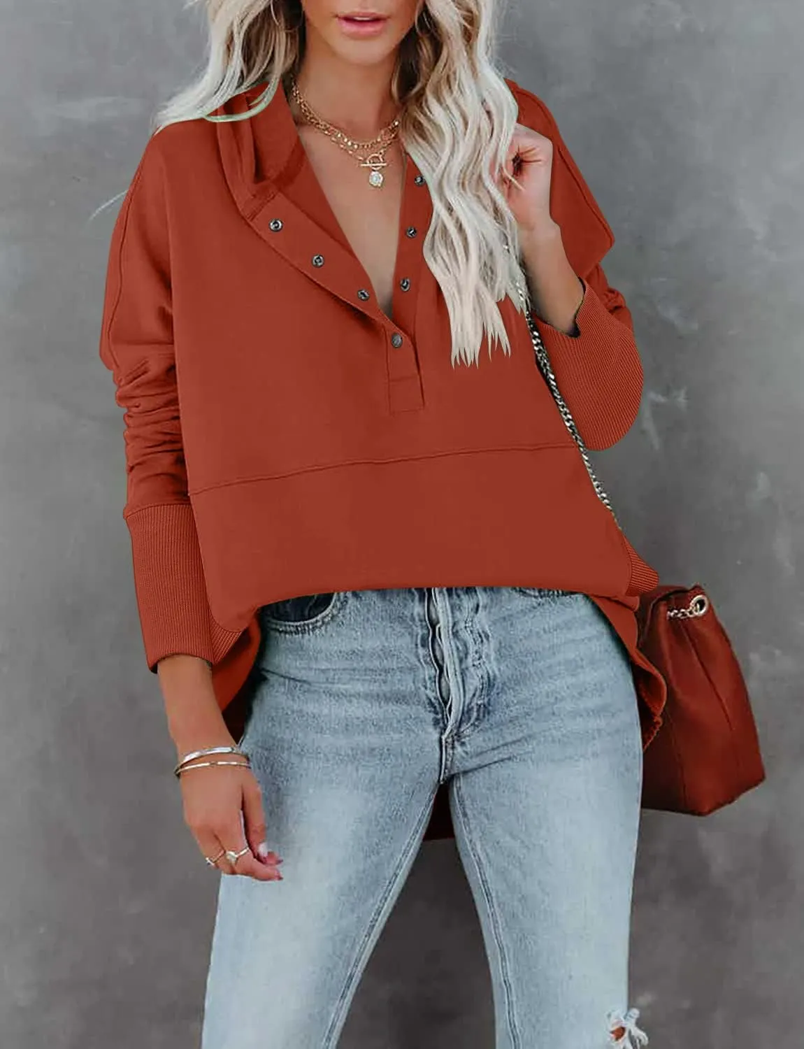 onlypuff Womens Oversized Hoodies and Sweatshirt V Neck Button up Loose Fit Henley Shirt 2022 Fall Fashion