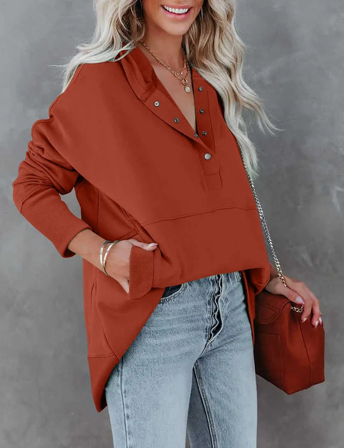 onlypuff Womens Oversized Hoodies and Sweatshirt V Neck Button up Loose Fit Henley Shirt 2022 Fall Fashion