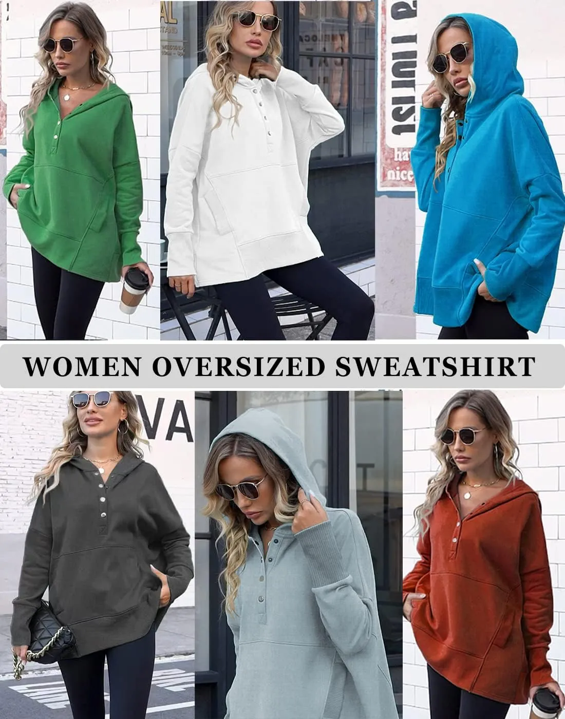 onlypuff Womens Oversized Hoodies and Sweatshirt V Neck Button up Loose Fit Henley Shirt 2022 Fall Fashion