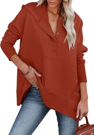 onlypuff Womens Oversized Hoodies and Sweatshirt V Neck Button up Loose Fit Henley Shirt 2022 Fall Fashion